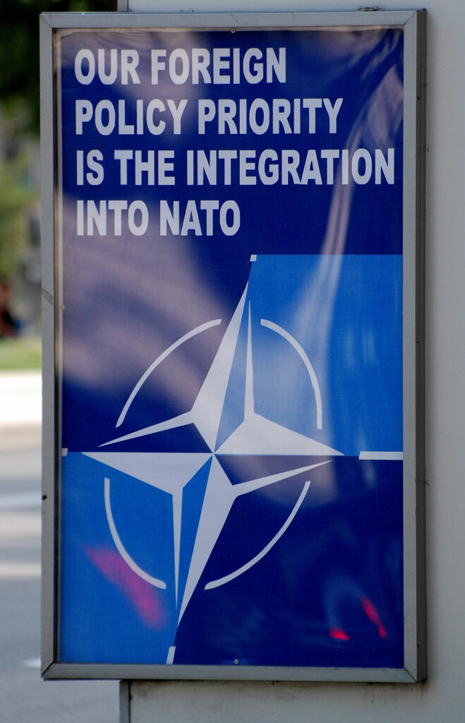 August 2009 sign in Tbilisi Georgia with text reading "Our foreign policy priority is the integration into NATO"