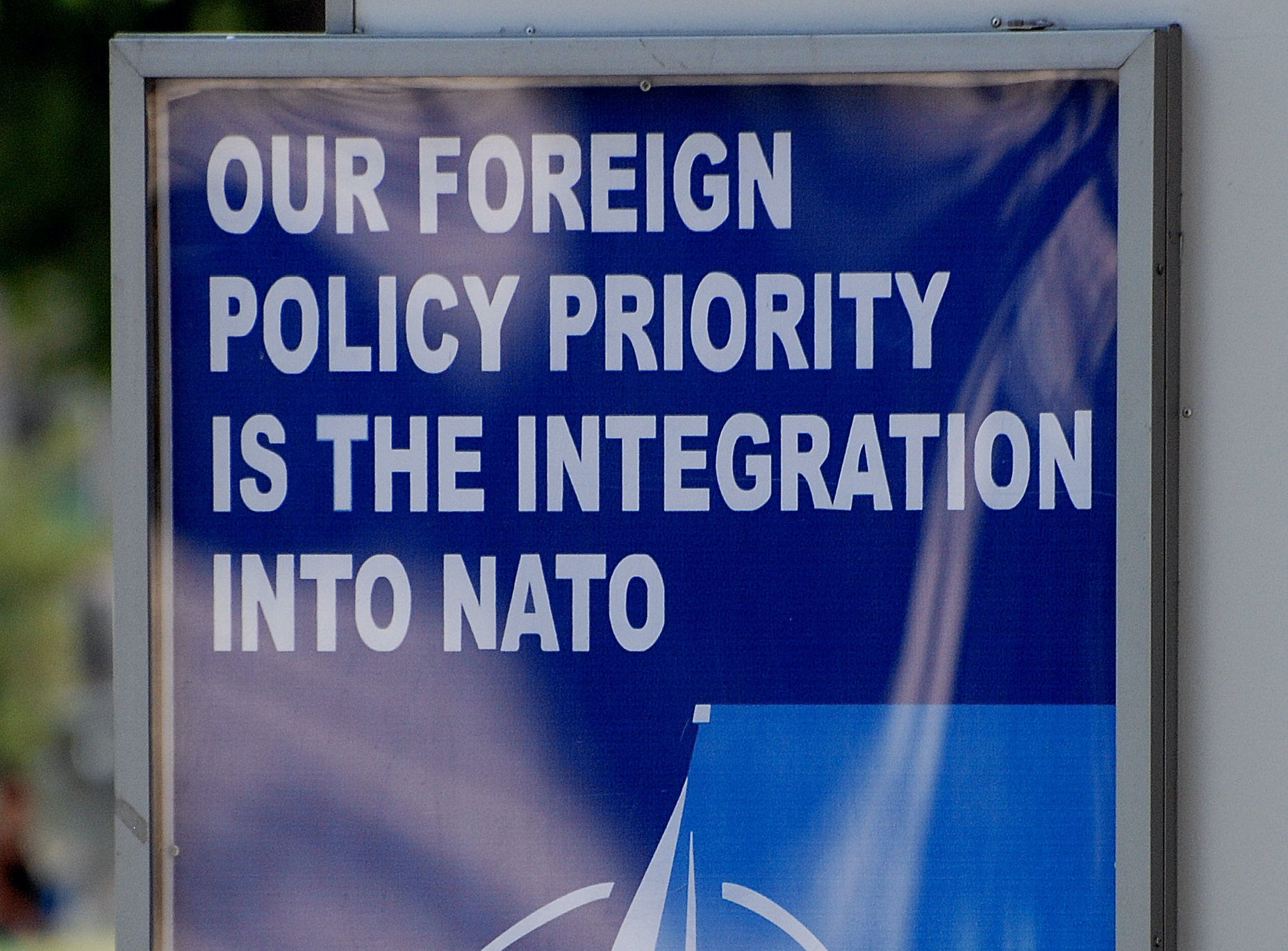 August 2009 sign in downtown Tbilisi with the text "Our Foreign Policy Priority is the Integration into NATO"