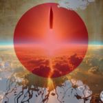 Japanese flag over earth launched missile