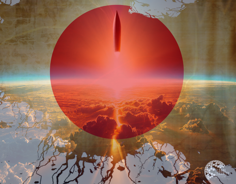 Japanese flag over earth launched missile