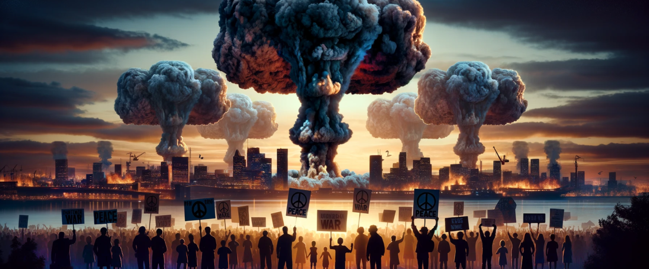 Surreal image of protesters against war watch as nukes destroy their city.