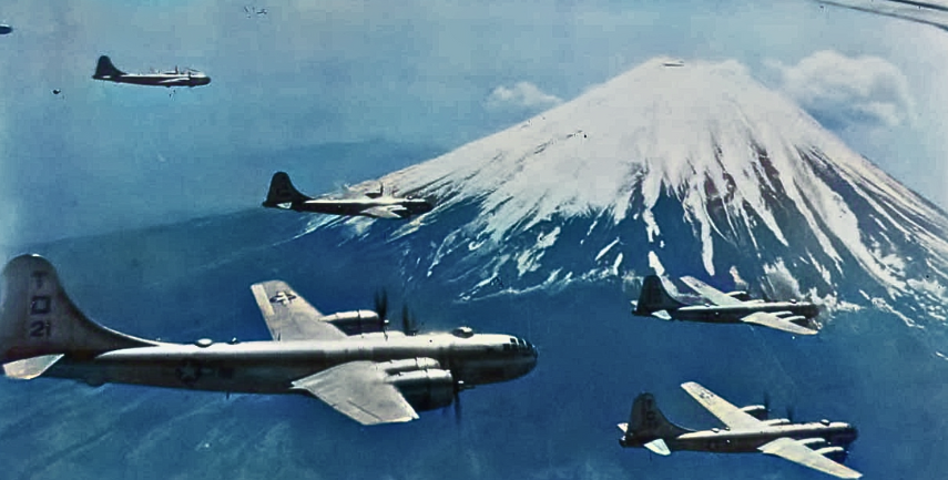 WWII Photo of B-29s flying over Mt. Fuji Japan.