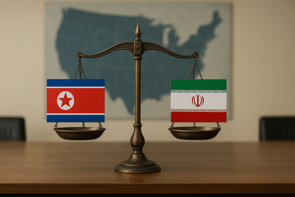 An image that depicts scales balancing deterrence between North Korea and Iran.